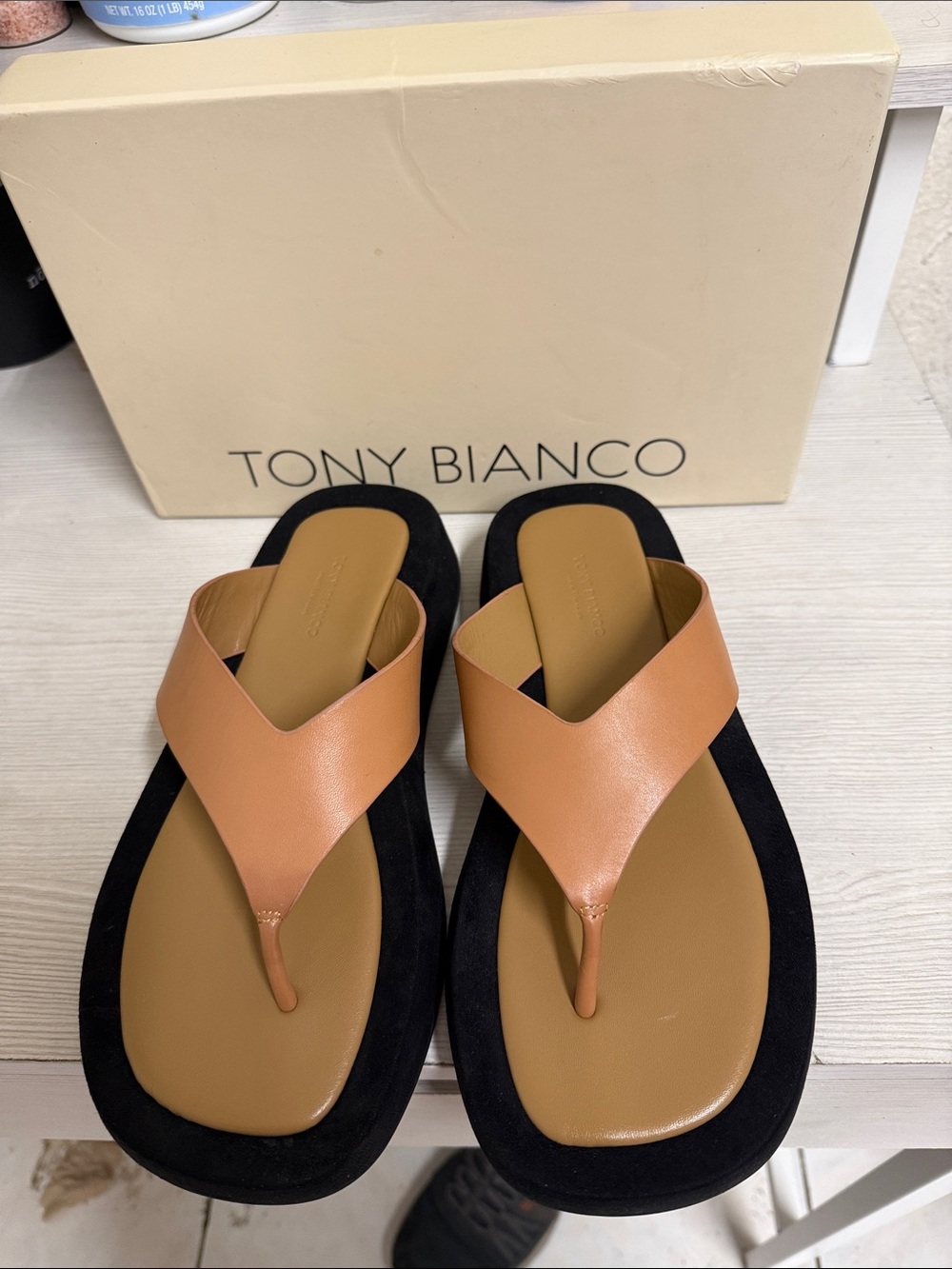 Tony Biiano Tan and Black Leather Thong Sandals